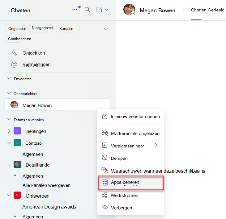 Schermopname van het beheren van apps in een Teams-chat