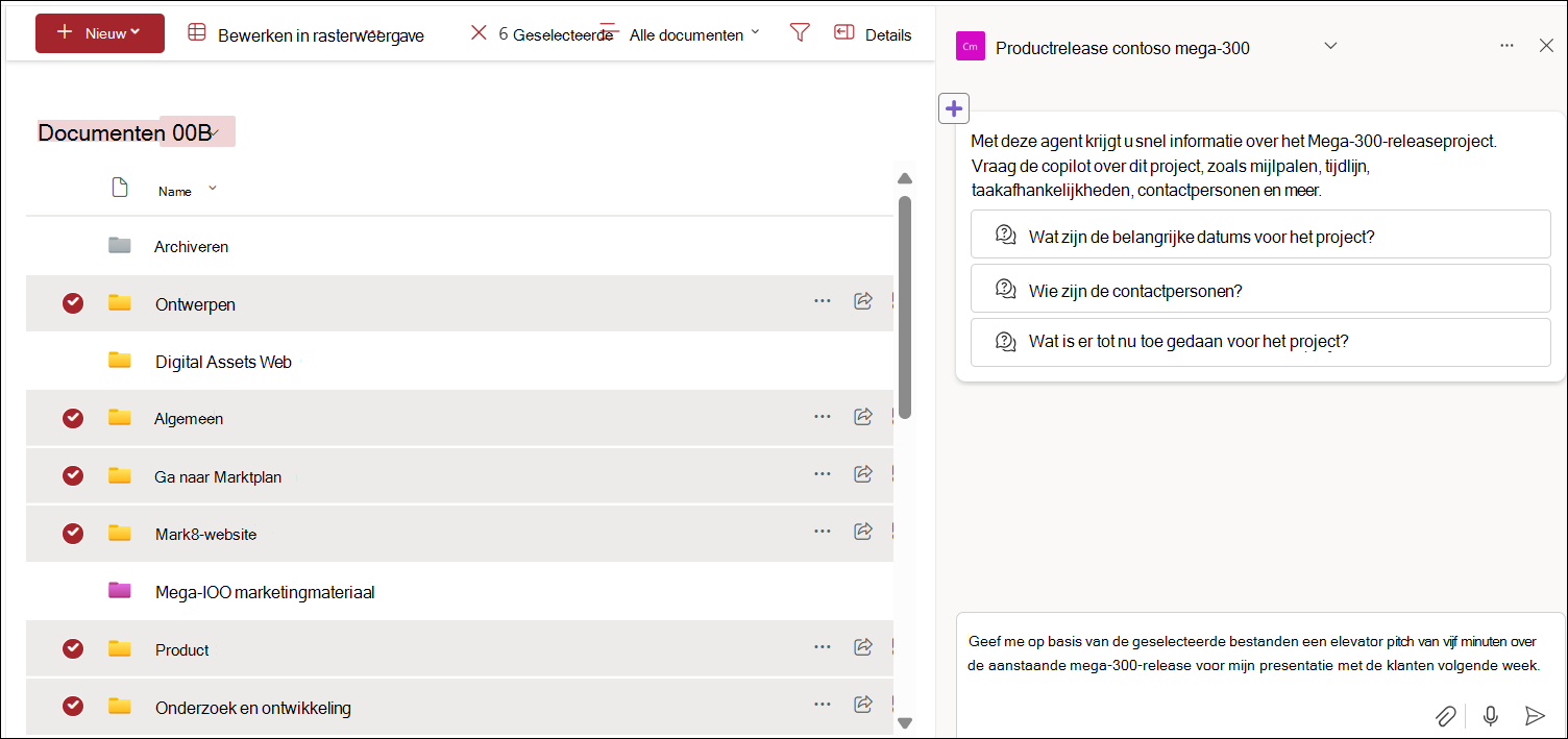 De schermopname van het selecteren van bestanden in de documentbibliotheek voor chatten