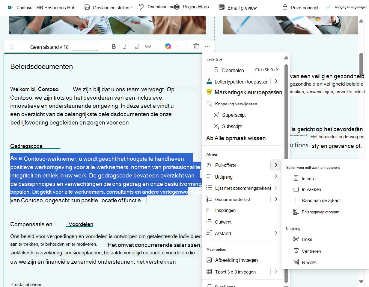 schermopname van teksttabelbewerkingen