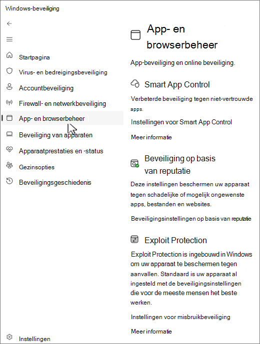 Schermopname van de pagina voor app- en browserbeheer van de Windows-beveiliging-app.