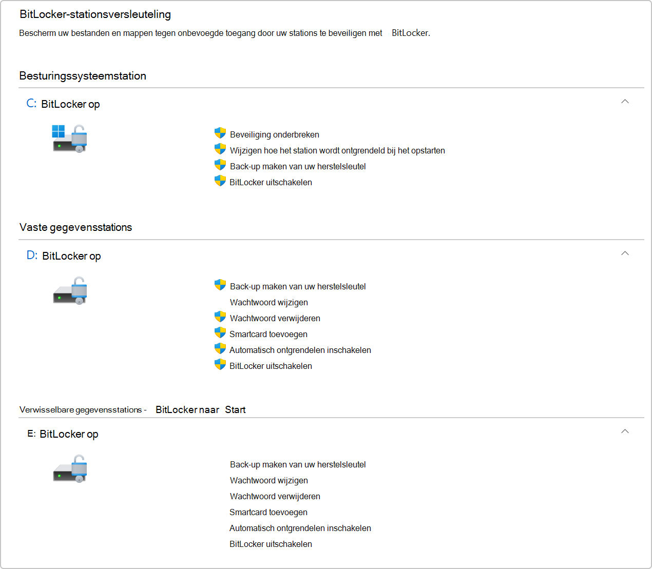 Schermopname van bitLocker-stationsversleuteling in Configuratiescherm.