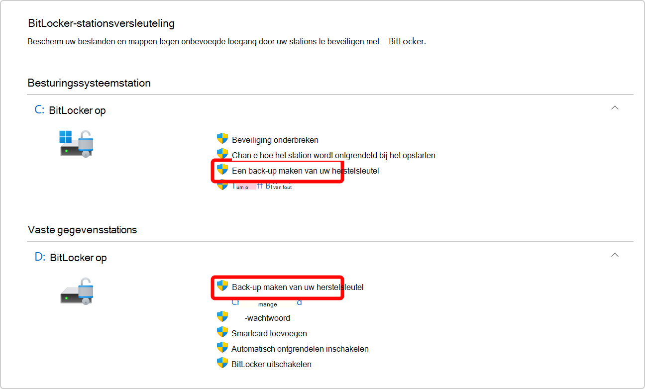 Schermopname van de Configuratiescherm met de optie om een back-up te maken van de BitLocker-herstelsleutel voor zowel het besturingssysteemstation als een gegevensstation.