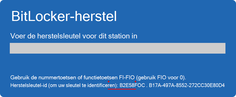 Schermopname van het BitLocker-herstelscherm waarin de sleutel-id wordt gemarkeerd.