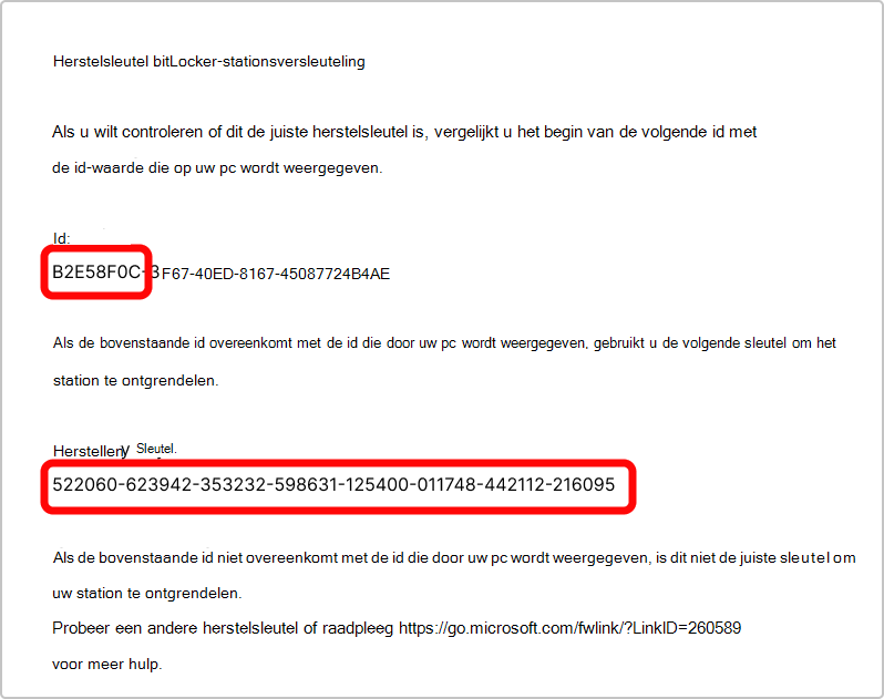 Schermopname van de afdruk van de BitLocker-herstelsleutel.