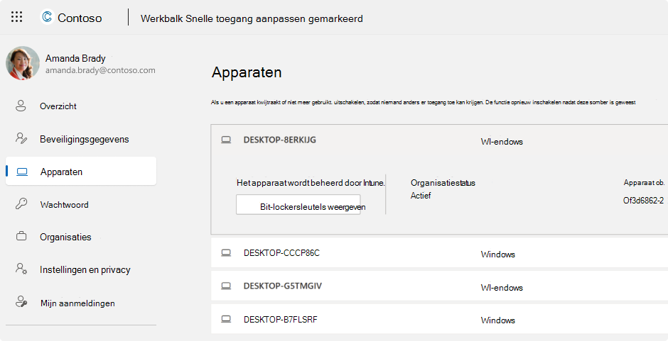 Schermopname van de BitLocker-herstelsleutels voor een werk- of schoolaccount.