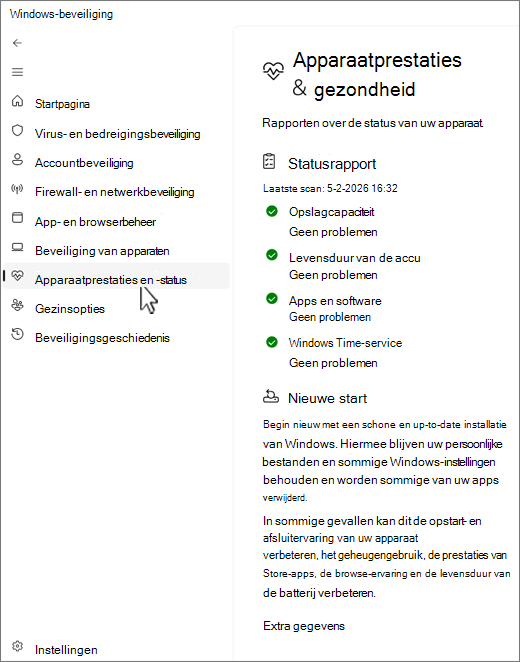 Schermopname van de apparaat- en prestatiepagina van de Windows-beveiliging-app.