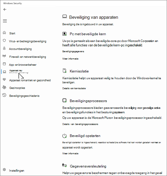 Schermopname van het scherm apparaatbeveiliging in de Windows-beveiliging-app.