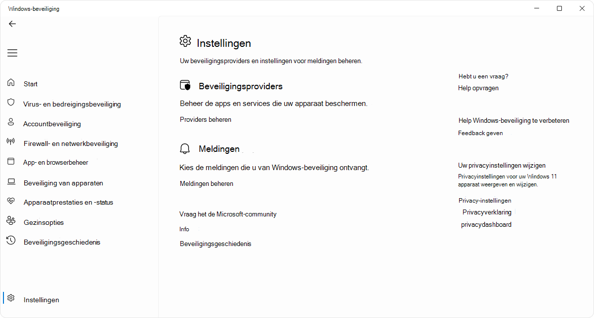 Schermopname van de instellingenpagina van de Windows-beveiliging-app.