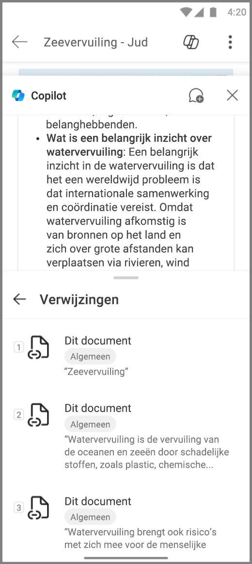 Schermopname van Copilot in Word op Android-apparaat met antwoord Verwijzingen naar Copilots