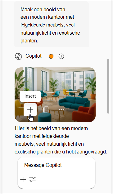 Toont een Copilot-prompt voor een afbeelding van een modern kantoor met gekleurde meubels, natuurlijk licht en exotische planten, gevolgd door vier afbeeldingen.