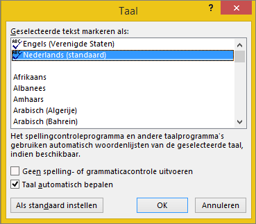 Taal, dialoogvenster
