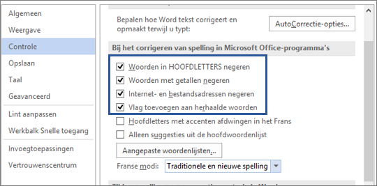 Opties om woorden te negeren bij het corrigeren van de spelling