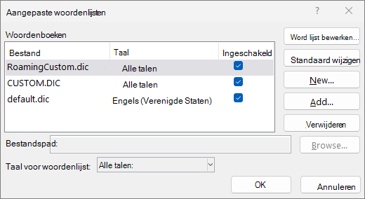 Dialoogvenster Aangepaste woordenlijst