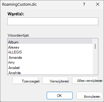 Dialoogvenster Woordenlijst bewerken