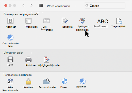 Dialoogvenster Mac-voorkeuren met Spelling geselecteerd