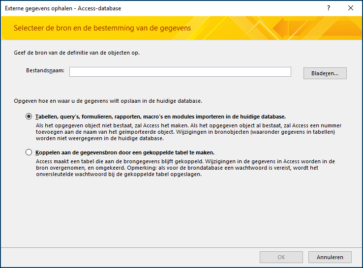 Schermopname van de wizard Externe gegevens ophalen - Access-database importeren.