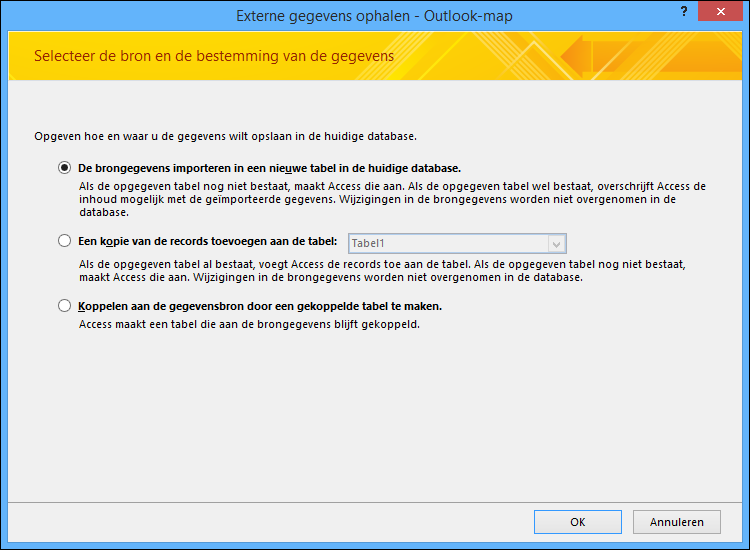Selecteer deze optie om een Outlook-map te importeren, toe te voegen of er een koppeling naar te maken.