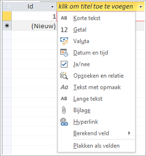 Schermfragment met vervolgkeuzelijst Klikken om (gegevenstype) toe te voegen