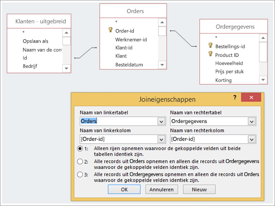 Schermafbeelding van drie tabellen en de joineigenschappen