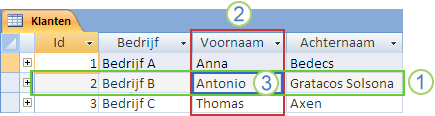 Tabel Klanten in Access met de indeling van records en velden