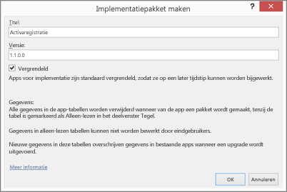 Het dialoogvenster Implementatiepakket maken