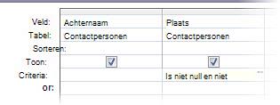 Ontwerpfunctie voor query's met criteria waarbij het veld Plaats niet is ingesteld op null en niet leeg is.