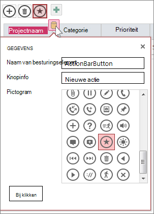 Het vak Gegevens van een aangepaste actie in een webgegevensblad