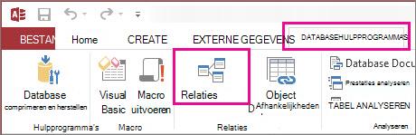 De knop Relaties op het tabblad Hulpmiddelen voor databases