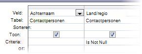 Afbeelding van ontwerpfunctie voor query's met het criterium not