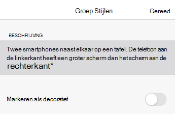 Het dialoogvenster Alternatieve tekst in PowerPoint voor iOS.