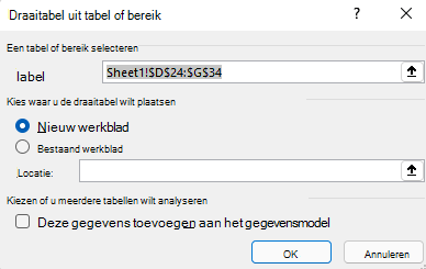 Het dialoogvenster Draaitabel maken in Excel voor Windows met het geselecteerde celbereik en de standaardopties.