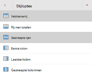 Het selectievakje Veldnamenrij is ingeschakeld in het menu Stijlopties in PowerPoint voor Android.