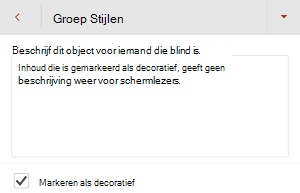 Het dialoogvenster Alternatieve tekst met het selectievakje Markeren als decoratief geselecteerd in PowerPoint voor Android.