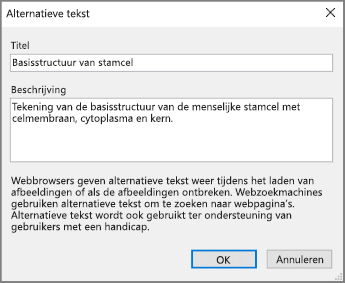 Schermafbeelding van het dialoogvenster Alternatieve tekst in OneNote met voorbeeldteksten in de velden Titel en Beschrijving.