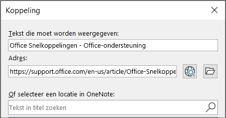 Schermafbeelding van het dialoogvenster Koppeling in OneNote. Bevat twee velden die moeten worden ingevuld: Weer te geven tekst en Adres.