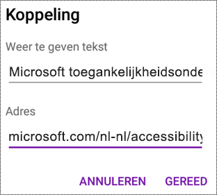 Dialoogvenster Hyperlink toevoegen in OneNote voor Android