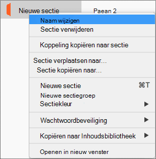 Contextmenu voor sectie met Naam van sectie wijzigen geselecteerd.