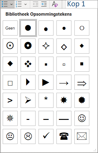 Schermafbeelding van de itemselectie voor de lijst met opsommingstekens in het menu Start.