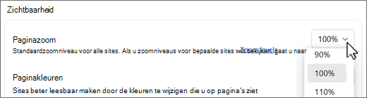 Vervolgkeuzelijst paginazoomniveaus.