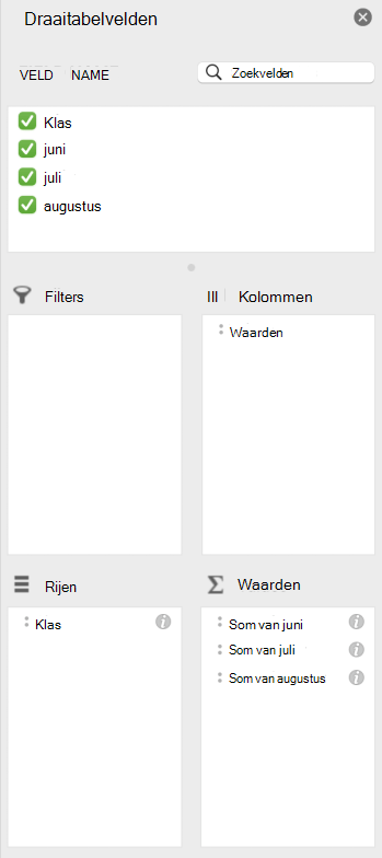 Het deelvenster Draaitabelvelden in Mac.