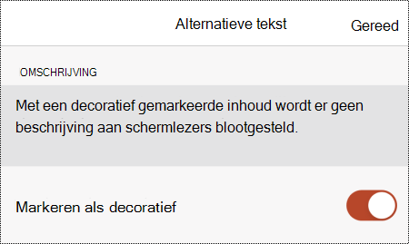 De optie Markeren als decoratief geselecteerd in het dialoogvenster Alternatieve tekst in PowerPoint voor iOS.