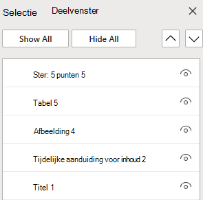 Het selectiedeelvenster voor het rangschikken van objecten in een dia in webversie van PowerPoint.