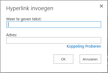 Schermopname van het dialoogvenster Hyperlink invoegen bevat een veld Weer te geven tekst voor de naam van de koppeling en een veld Adres voor de URL van de koppelingen. Als u wilt controleren of de koppeling werkt, selecteert u de optie Koppeling uitproberen.