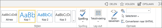 Schermafbeelding van een sectie van het lint van SharePoint Online met de besturingselementen Delen, Volgen en Opslaan.