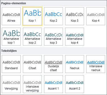Schermafbeelding van pagina-elementen en tekststijlen die beschikbaar zijn in de groep Stijlen op het lint van SharePoint Online.
