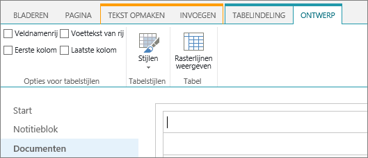 Schermafbeelding van het SharePoint Online-lint. Ga naar het tabblad Ontwerpen om selectievakjes voor koptekstrij, voettekstrij, eerste kolom en laatste kolom in een tabel te selecteren. U kunt ook een tabelstijl selecteren en aangeven of u rasterlijnen in de tabel wilt gebruiken.