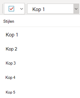 Het menu Stijlen met verschillende kopstijlen in OneNote voor Windows 10.