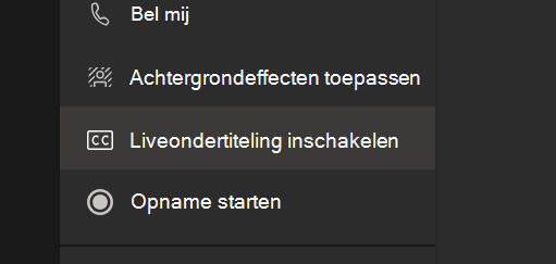 De optie Liveondertiteling inschakelen in het menu Opties voor Teams-vergadering