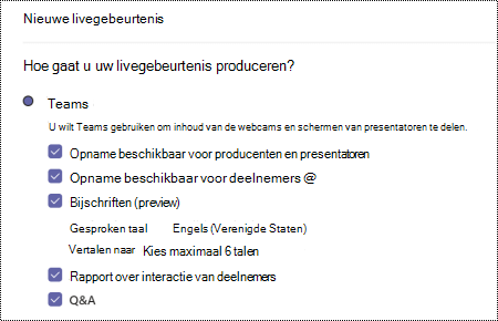 Dialoogvenster om de QA-optie voor teams livegebeurtenis te selecteren bij het plannen van een gebeurtenis.