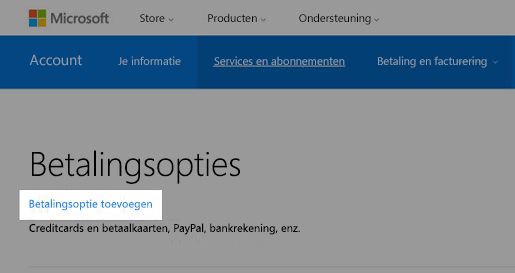 Schermafbeelding van de pagina Betalingsopties waarop de koppeling Een betalingsoptie toevoegen is gemarkeerd